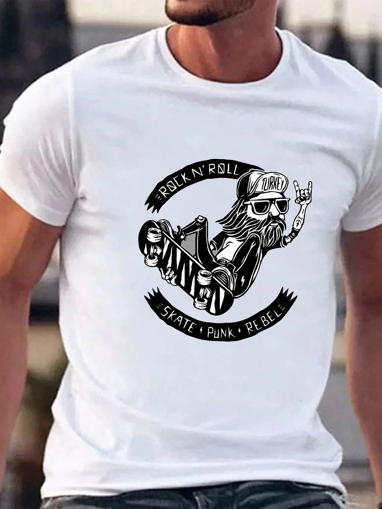 Rock Roll Skateboard Print Short Sleeve T shirts Men Plus - Temu