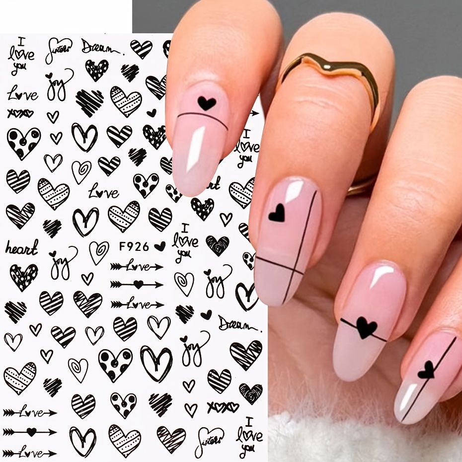 Valentines Nail Stickers Black Heart Nail Art Sticker Decal Solid Hollow  Heart