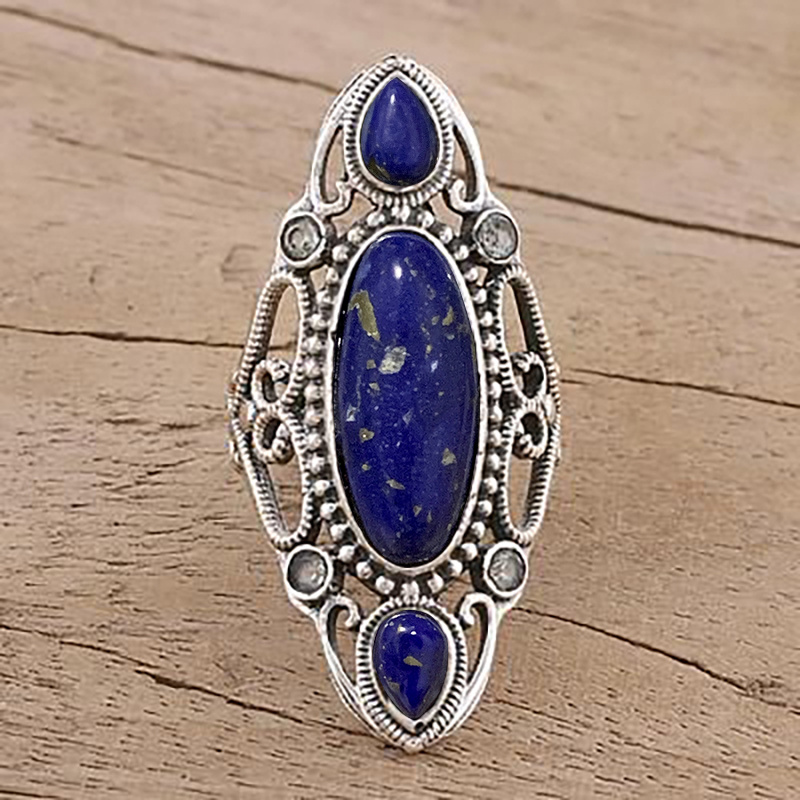 

Vintage Blue Stone Ring Large Size Detailed Carving Craft Good Choice For Evening Party Engagement Wedding Scenes