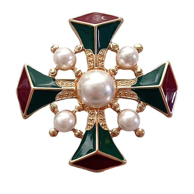 Temu Vintage Baroque Enamel Pearl Brooches Retro Court Cross Brooch Pin for Men Jewelry, Jewels Coat Accessories Men's Suit, Christmas Styling & Gift