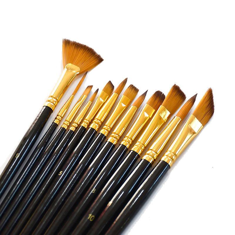 Cheap 12 Pcs Artist Paint Brush Set Nylon Hair Watercolor Acrylic