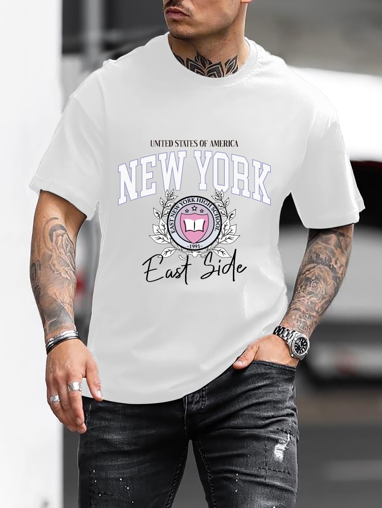 Letter Graphic Crew Neck Short Sleeve T-Shirt, Blouses, Men's Slight Stretch Casual New York Pattern Spring and Summer Tee T-shirt,Casual,Temu