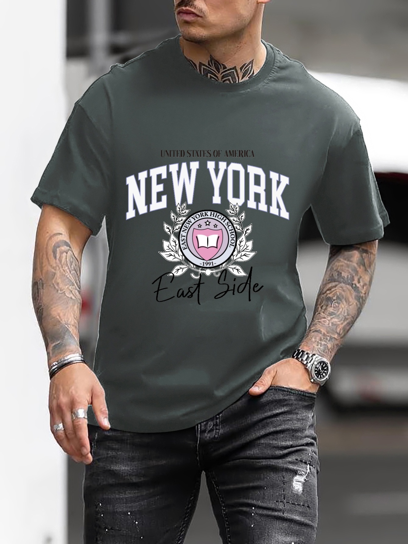 Letter Graphic Crew Neck Short Sleeve T-Shirt, Blouses, Men's Slight Stretch Casual New York Pattern Spring and Summer Tee T-shirt,Casual,Temu