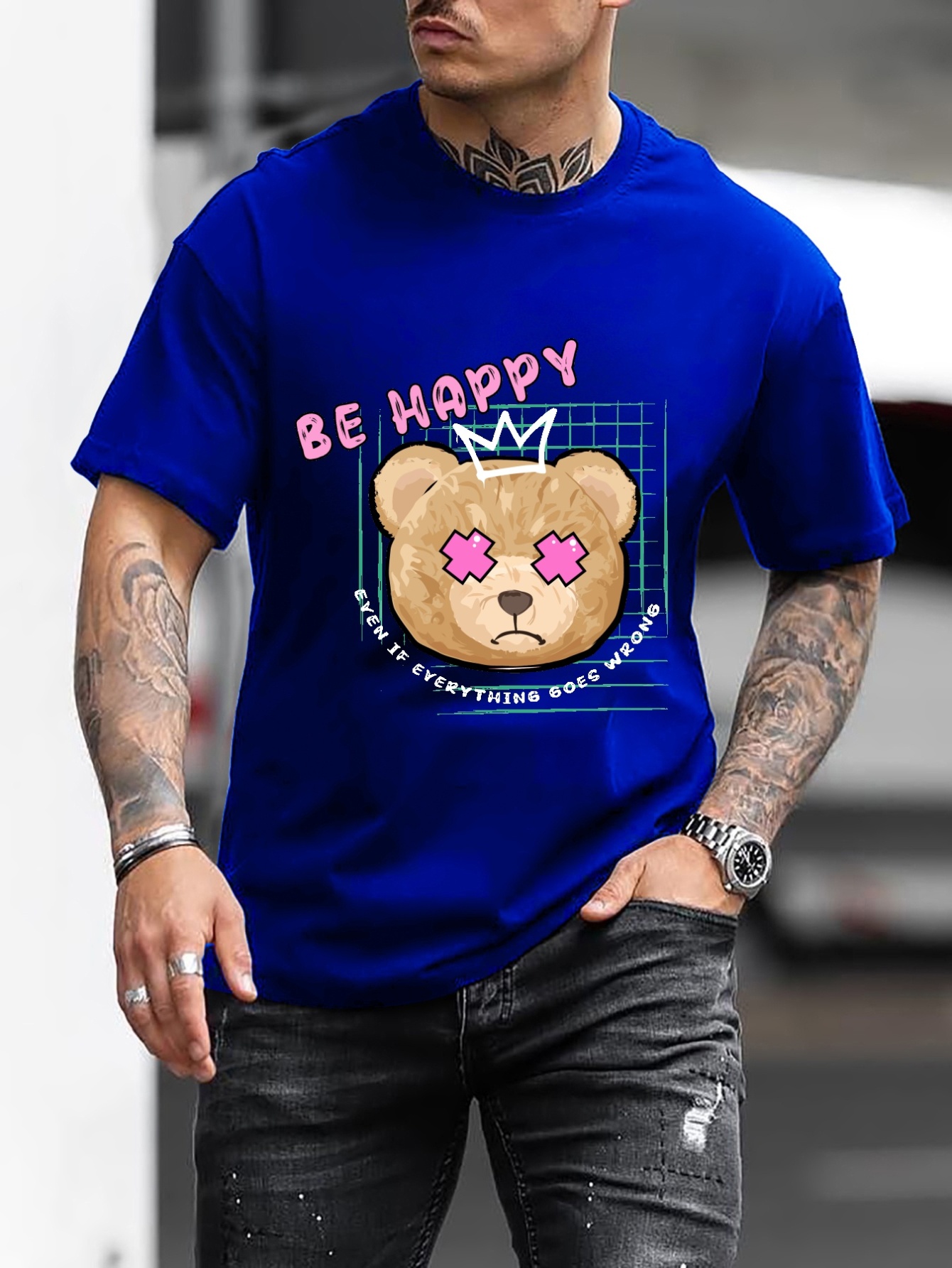 Men's Rich Teddy Bear Print Casual Round Neck Short Sleeve T-shirt - Temu