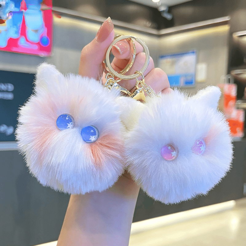 Cute Fluffy Cat Head Charm Keychain, Cartoon Pom Pom Kitten Car Key  Ornament Keychain - Temu