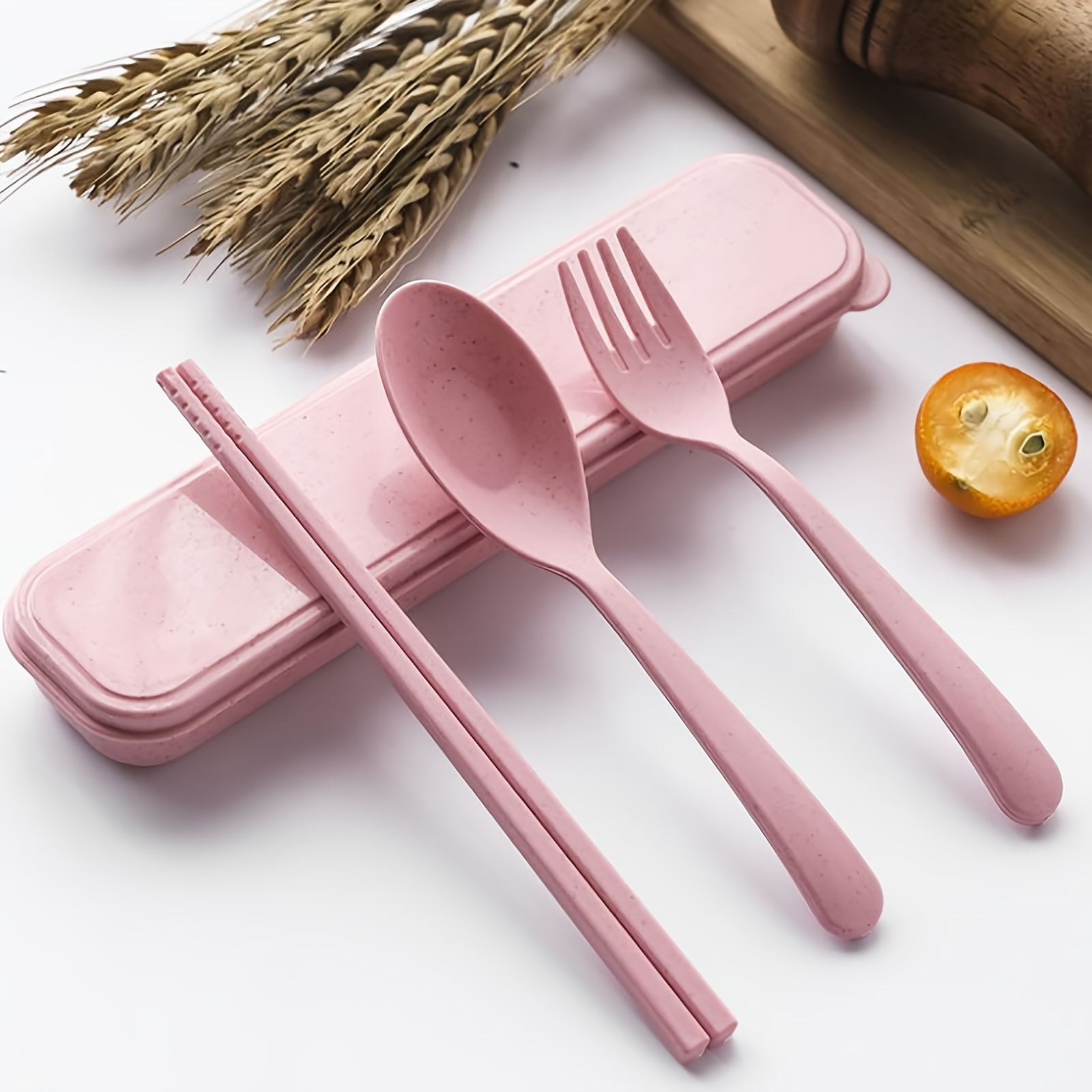 Travel Utensil Sets with Case, 4 Sets Wheat Straw Reusable Spoon Knife Forks Tableware, Portable Cutlery for Kids Adult Travel Picnic Camping or