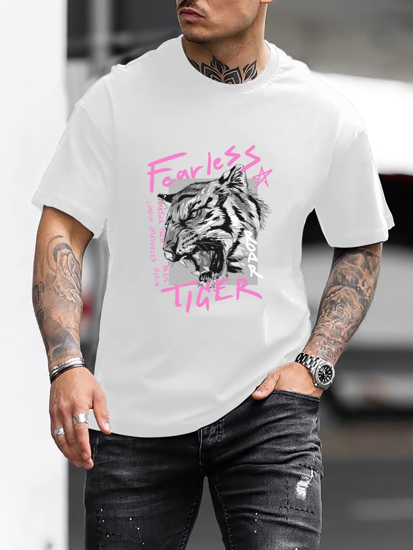 Mens Casual Tiger Graphic Print Round Neck T Shirt Summer