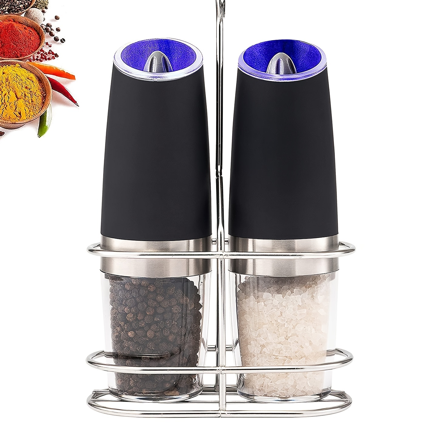 Gravity Electric Salt and Pepper Grinder Set of 4 - Battery Operated  Automatic Salt and Pepper Mills with White Light,Adjustable Coarseness,One  Handed
