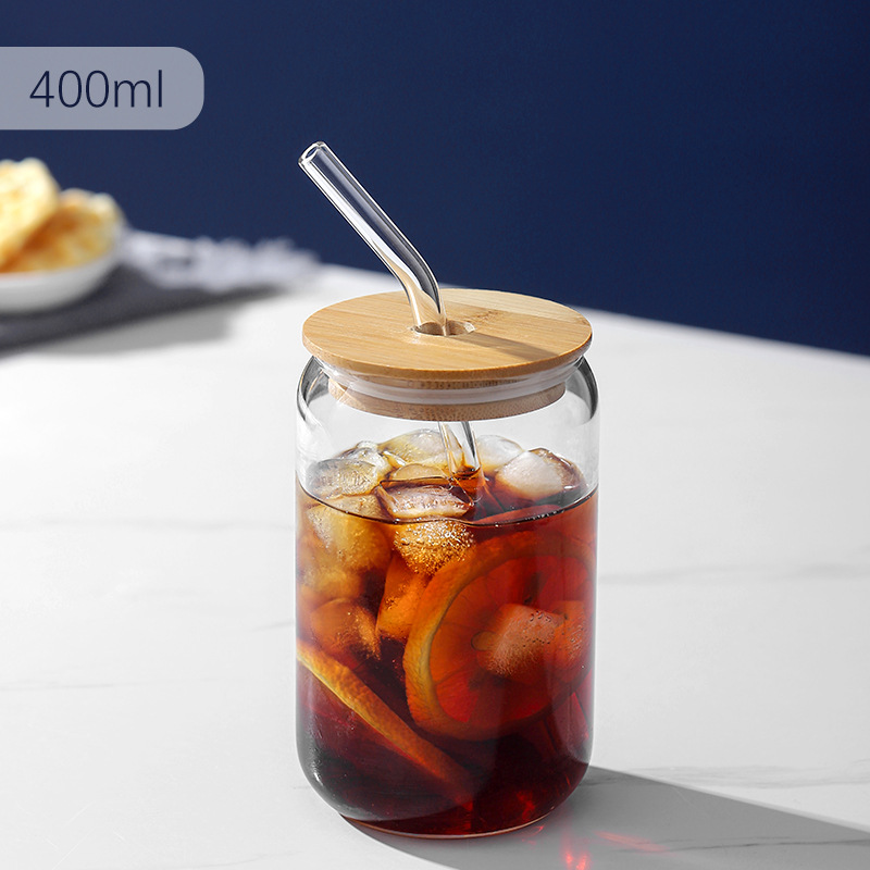 6pcs/set 540ml Can Shaped Glass Cup With Bamboo Lid & Glass Straw For Tea,  Juice, Milk, Coffee