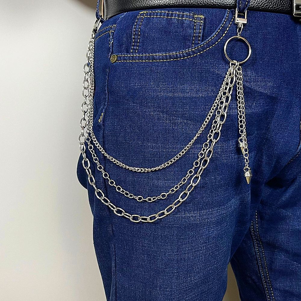 Silver Grey Hip-hop 1pc Pants, Trousers Jeans, Men's Rivet Pant Chain Street Metal Trouser Key Chain Punk Waist Chains Belt for Accessories for Men