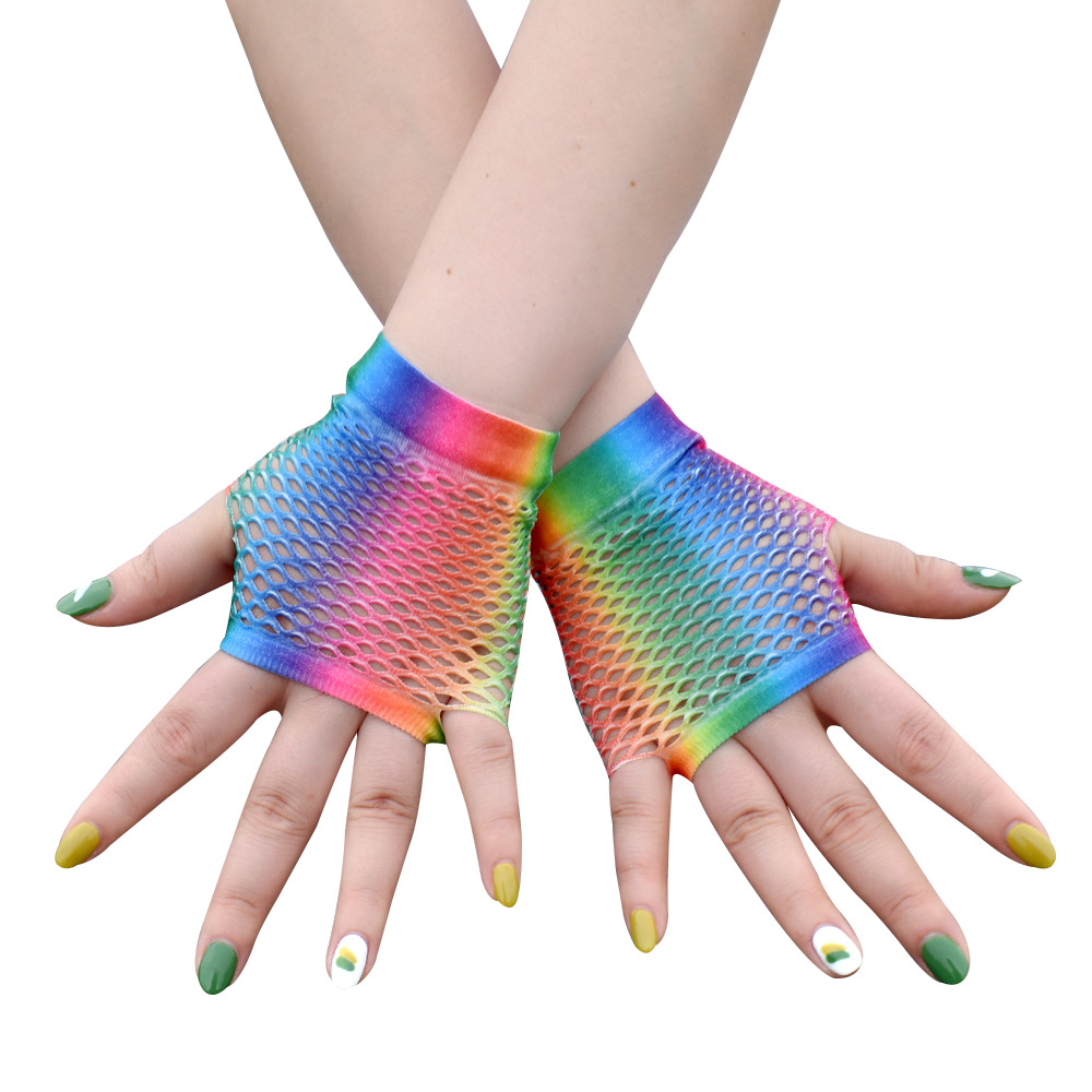 Rainbow Fishing Net Gloves Elastic Gradient Color Mesh - Temu