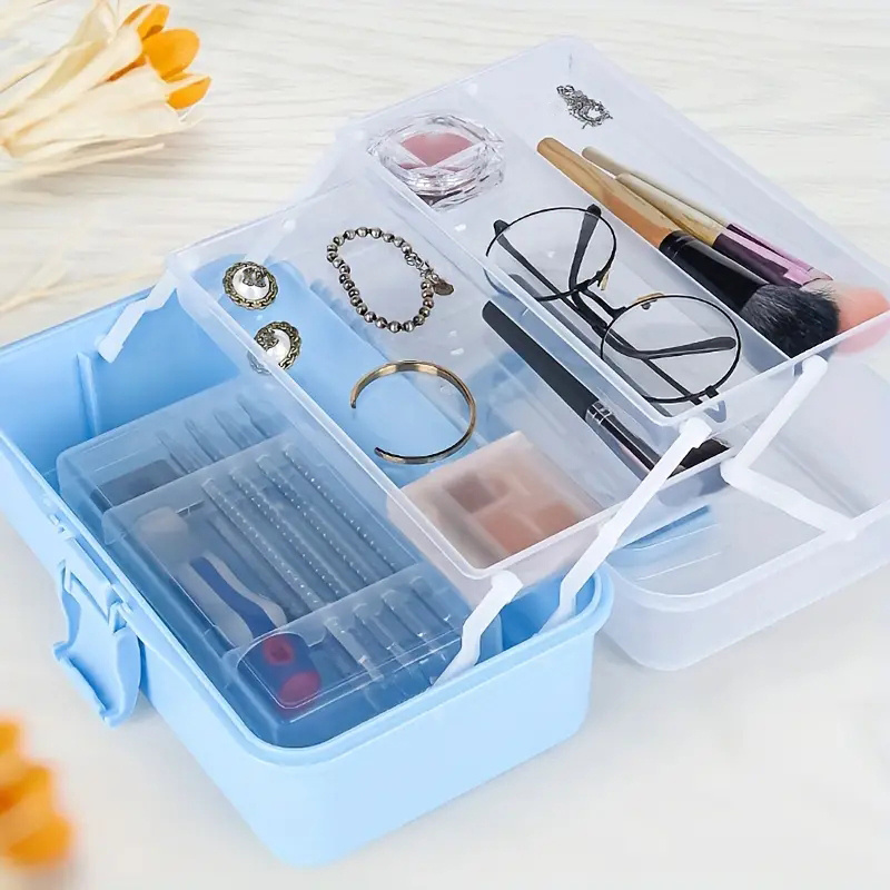 TERGOO 12in Three-Layer Multipurpose Storage Box Organizer Folding Tool Box/Art  & Crafts Case/Sewing Supplies Organizer/Medicine Box/Family First Aid Box  with 2 Trays (Blue)
