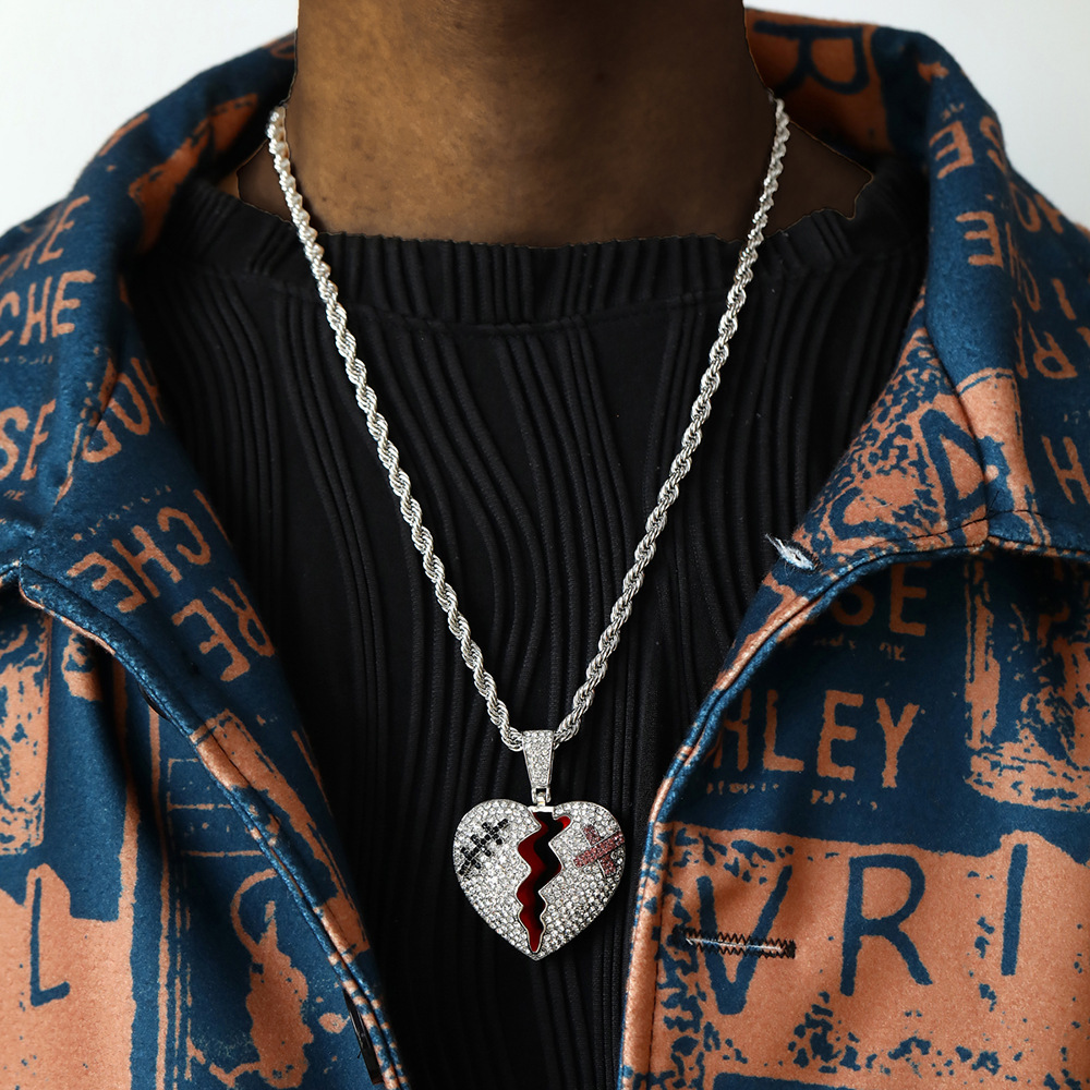 Collana con ciondolo cuore spezzato Ice Out per uomo donna gioielli Hip Hop  collana con cuore