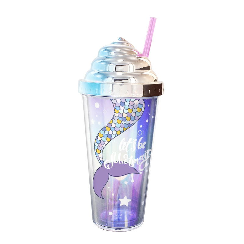 Gradient Color Mermaid Straw Cup Double layer Plastic Water - Temu