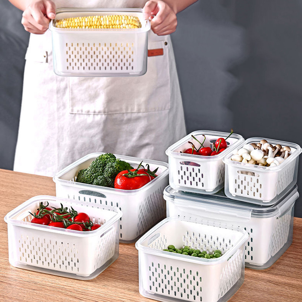 Fruit Vegetable Storage Containers Fridge Draining Fresh Containers Large  Organizer Bins with Lid Colander Salad Saver Storage