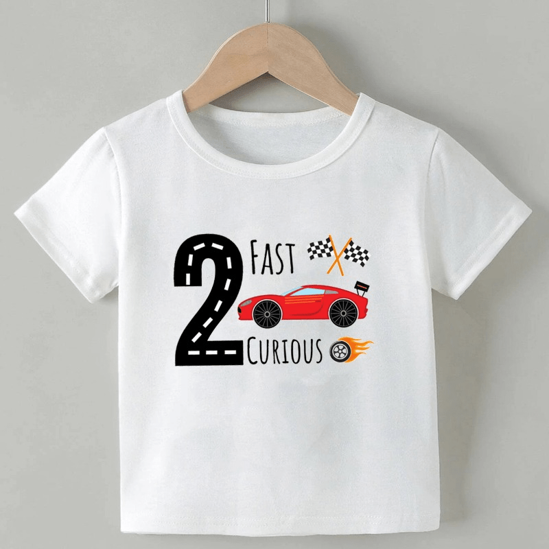 

2 Fast 2 Curious 2rd Birthday Boys Racing Car Creative T-shirt, Casual Lightweight Comfy Short Sleeve Crew Neck Tee Tops, Kids Clothings For Summer