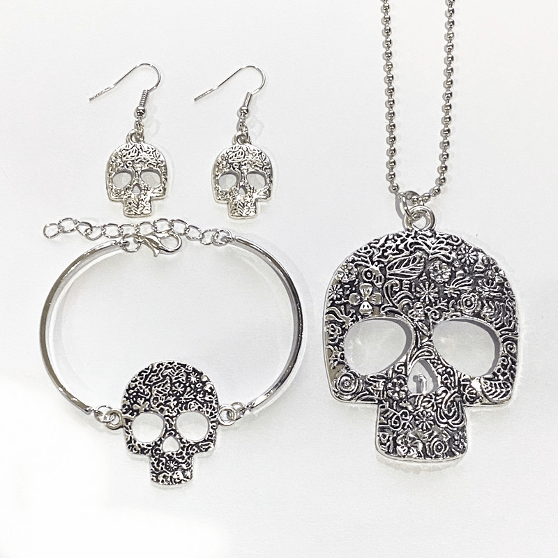 

Exquisite Vintage Skull Pendant Necklace & Earrings & Bracelet Jewelry Set, Punk Gothic Ornament