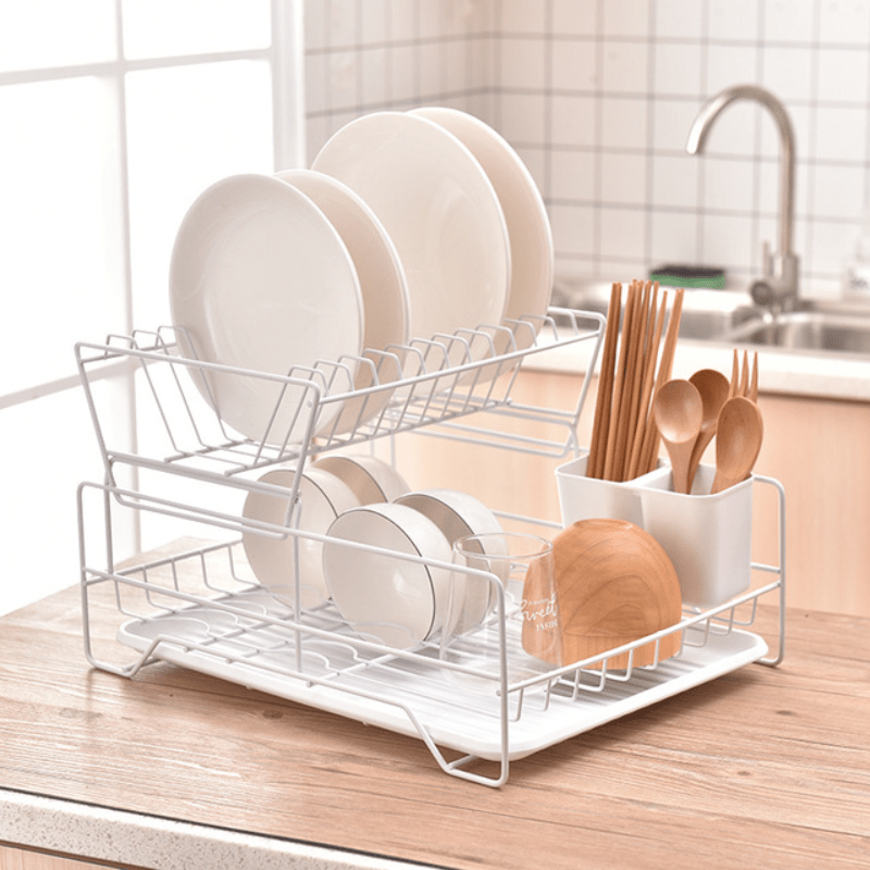 2 Tier Dish Drying Rack Kitchen Counter Dish Organizer Rack With Drainboard  And Utensil Holders Iron