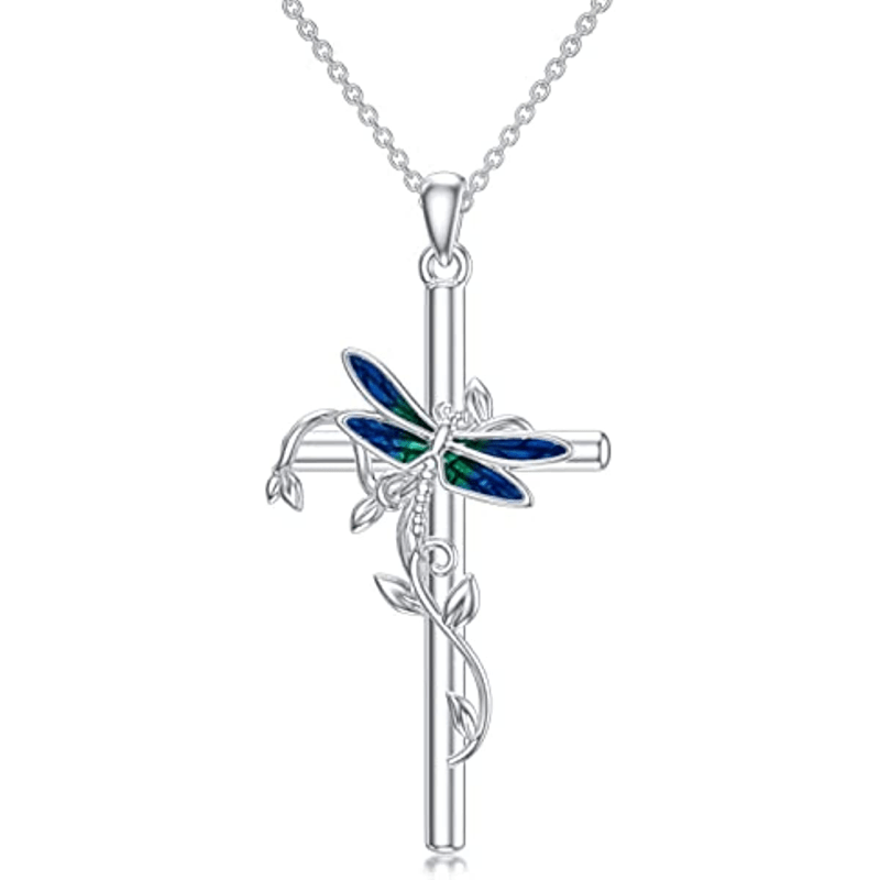 green dragonfly cross pendant necklace christian jewelry gifts for girls for daily decoration details 1