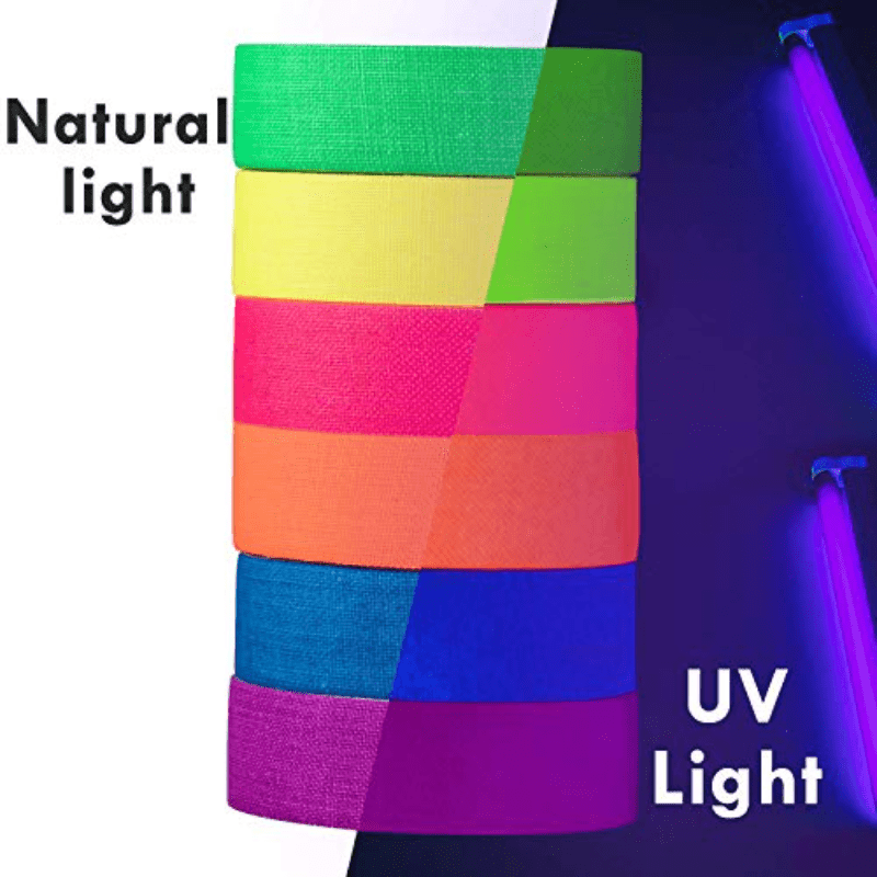  UV Tape Blacklight Reactive 12 Pack 6 Colors, Fluorescent Cloth  Tape, Neon Gaffer Tape Glow in The Dark Tape Under UV Black Light  0.6inx16.4ft Per Roll : Industrial & Scientific