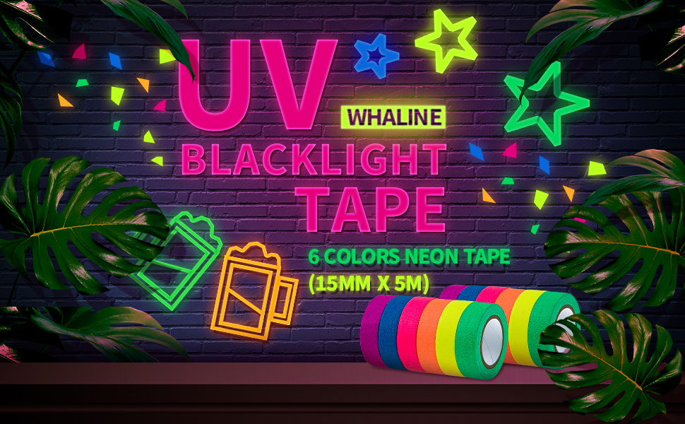 UV Blacklight Reactive 6 Color Fluorescent Tape Fluorescent Cloth Tape  Colorful Neon Gaffer Tape Neon Reflective Tape Neon Adhesive Tape Glow in  The Dark Tape, 0.6x16.4ft Each Roll 