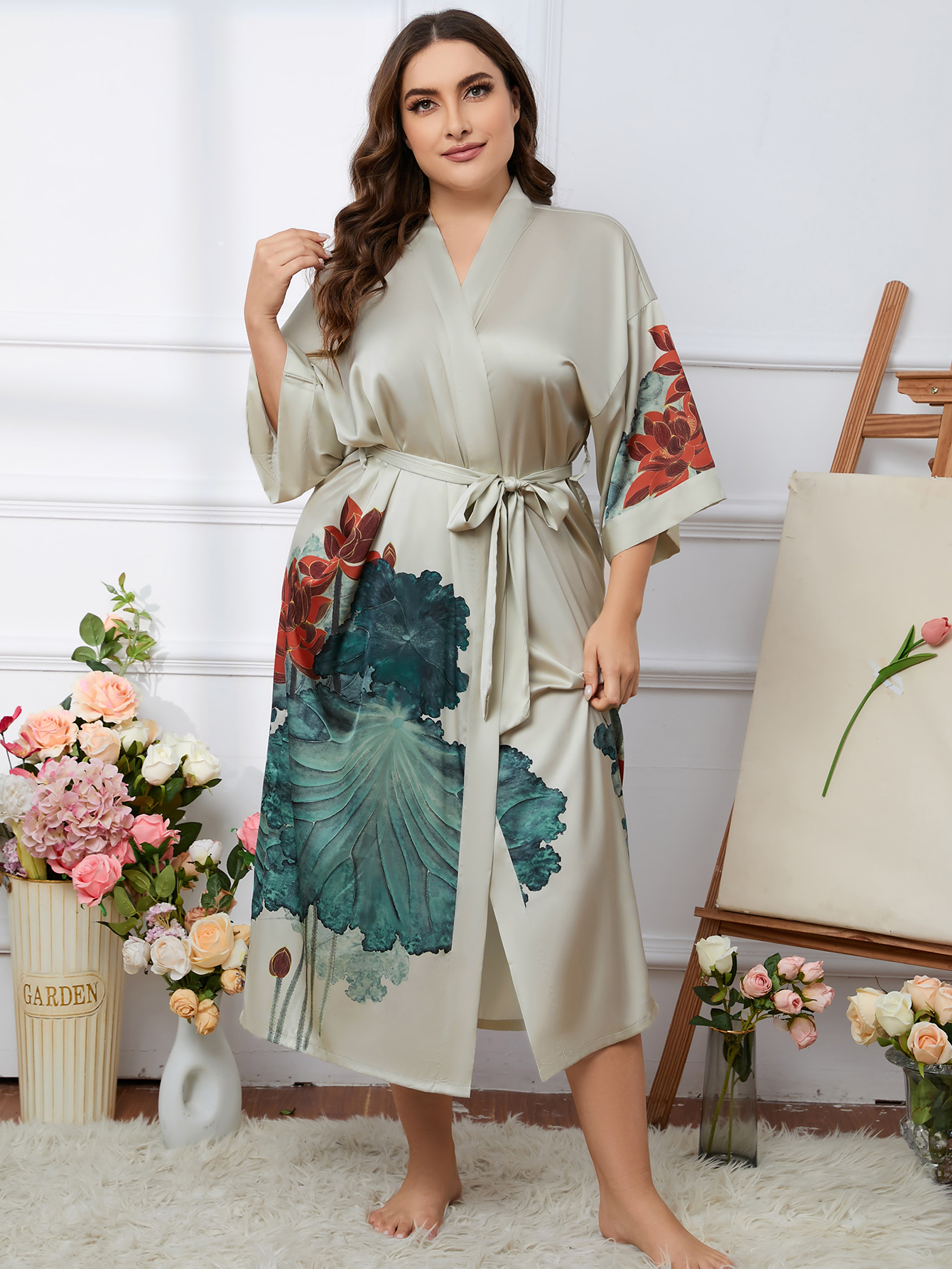 Batas Kimono Mujer Bata Larga Satén Batas Florales Kimonos - Temu