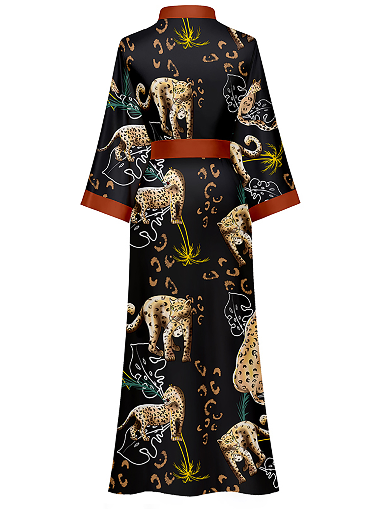 Elegant Leopard Satin Robe Long Sleeve Belted Long Line - Temu