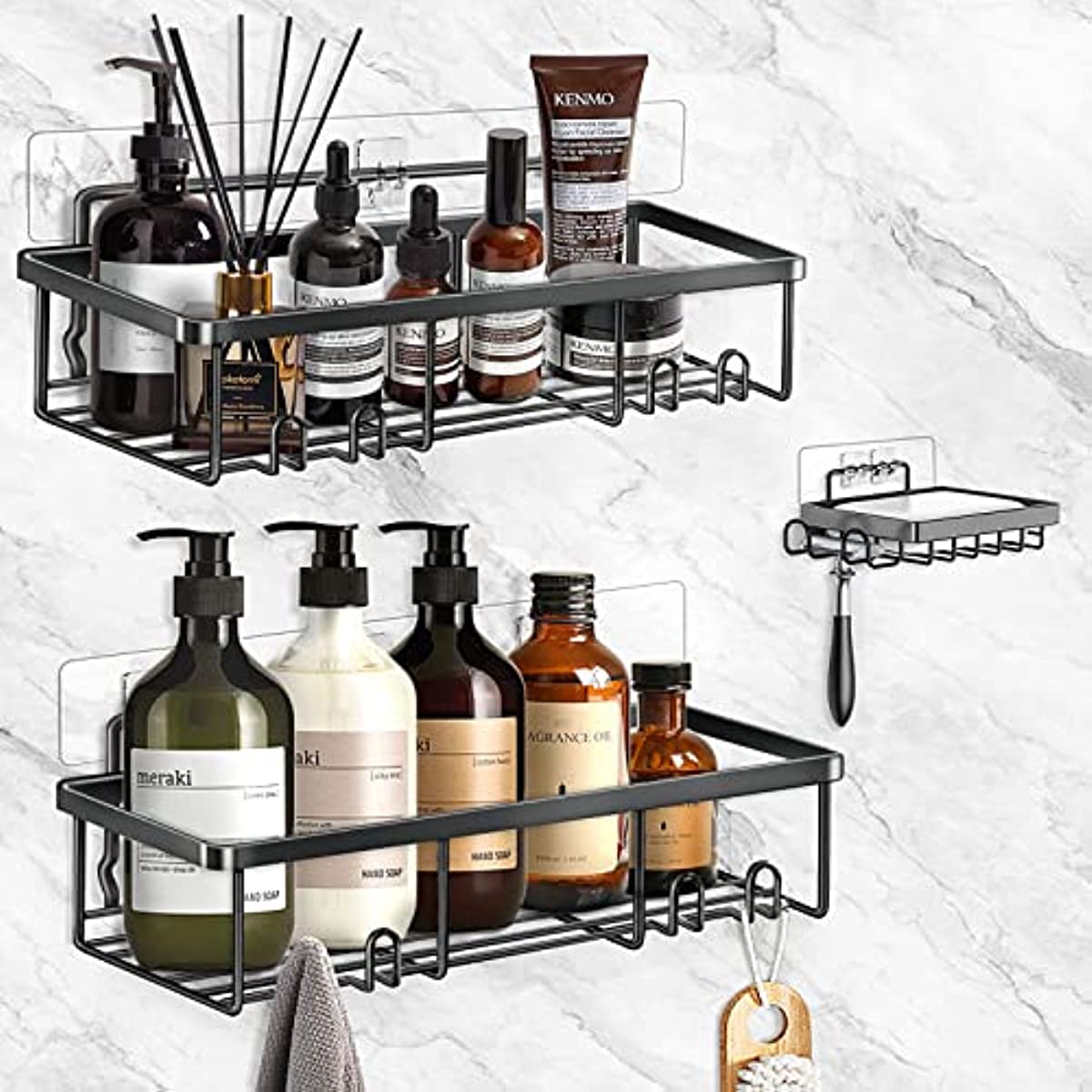 Shower Caddy, 5 Pack Adhesive Shower Organizer with 28 Hooks Wall Shampoo  Holder for Bathroom Storage & Kitchen, Rustproof Large Shower Caddy Shelf