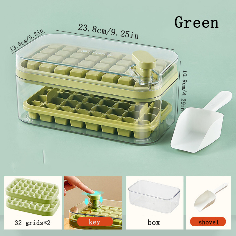 GROFRY 1 Set Ice Cube Tray Single/Double Layer Multiple Grids Press Button  Design Silicone Ice Mold Tray Storage Box with Shovel Kitchen Tool,Green  Dual Layer 