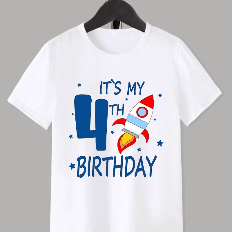 

Boy 4th Birthday T-shirt 4 Years Old Kids Space Rocket Print Boys Creative T-shirt, Casual Lightweight Comfy Short Sleeve Crew Neck Tee Tops