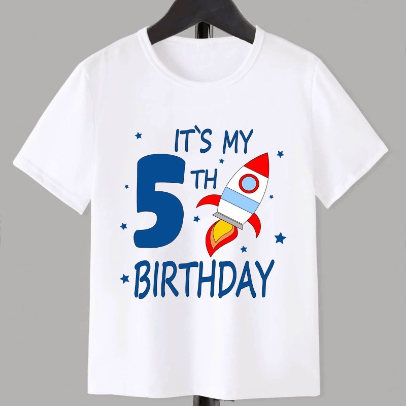 

5th Boy's Birthday And Cartoon Rocket Print Boys Creative T-shirt, Casual Lightweight Comfy Short Sleeve Crew Neck Tee Tops, Kids Clothings For Summer