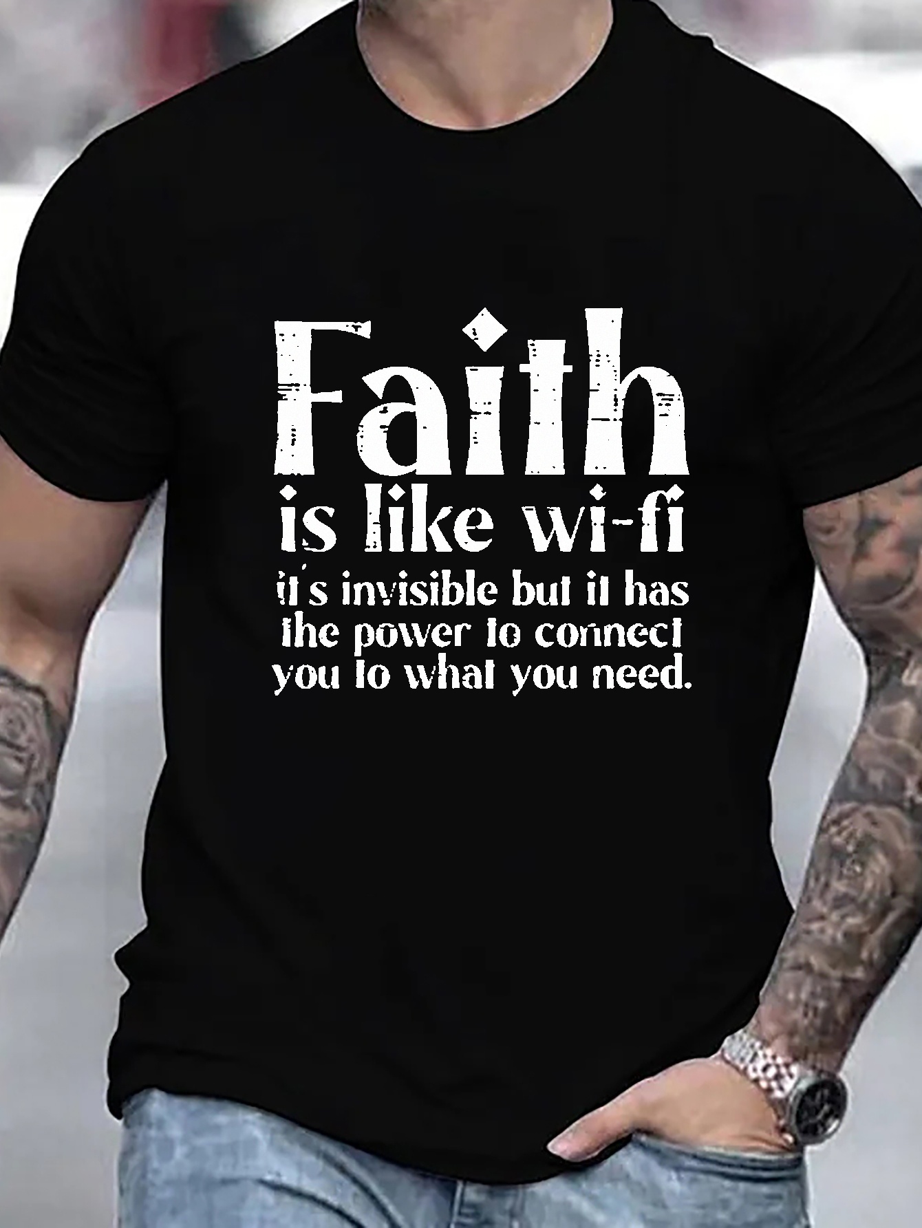 Men's Casual Fashion T shirt Faith Like Wifi Stretchy Round - Temu