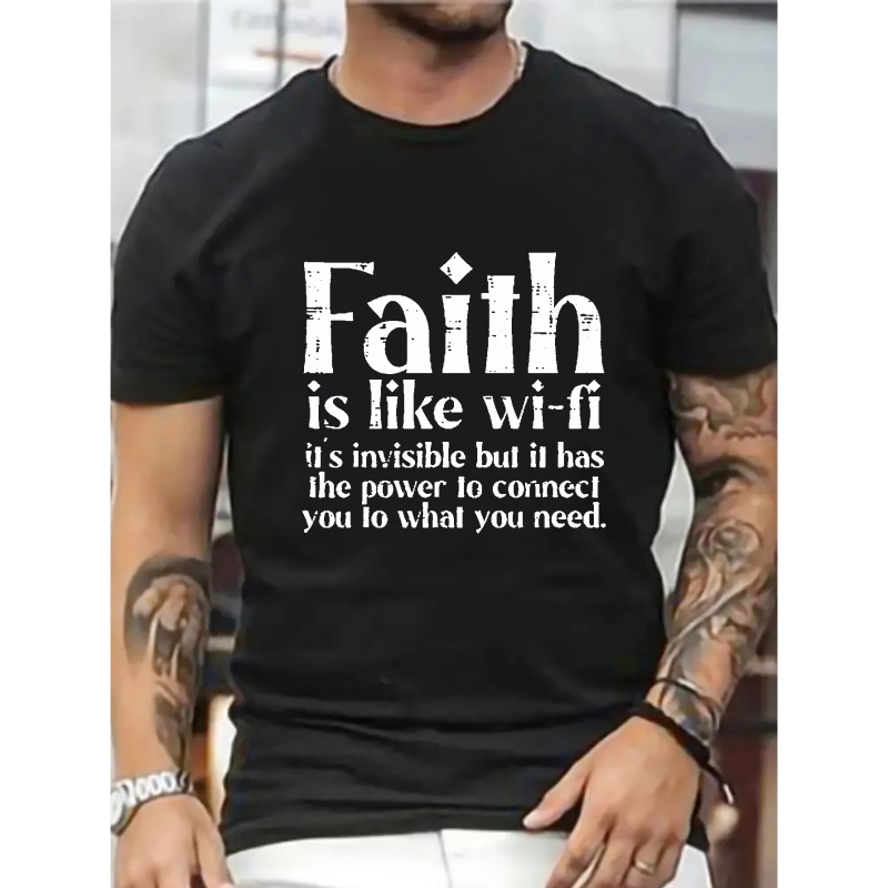 

Men's Casual Fashion T-shirt With Faith Is Like Wifi, Stretchy Round Neck Comfy Casual Stylish Tops, Plus Size Men Clothes