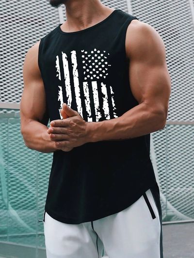 american flag print casual slightly stretch round neck tank top mens tank top for summer outdoor gym workout