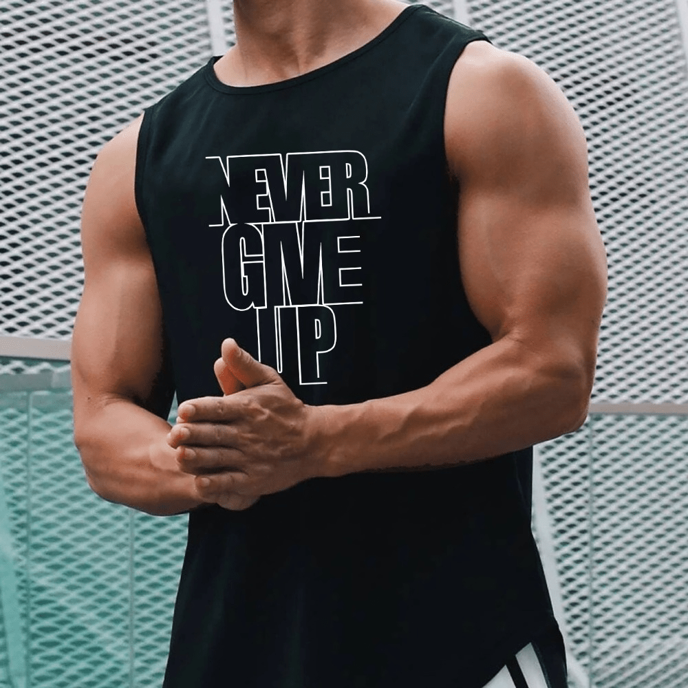 

never Give Up" Print Casual Slightly Stretch Round Neck Tank Top, Men's Tank Top For Summer Outdoor Gym Workout