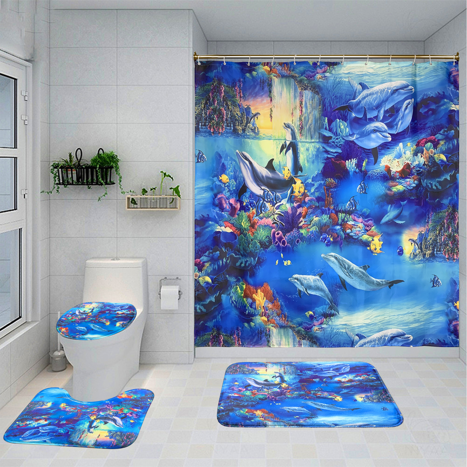 Ocean Holiday Theme Bathroom Set,4pcs Shower Curtain Mat Set,Waterproof  Shower Curtain Printed Non-slip Floor Mat Toilet Cover U Shape Pad,for Home  Hotel Decor 