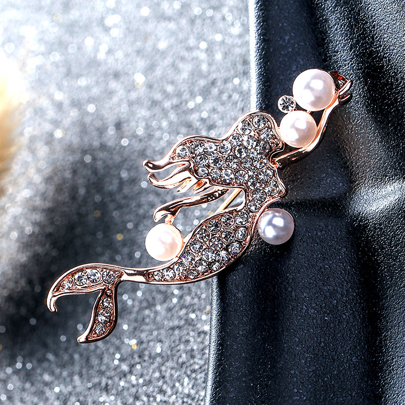elegant rhinestone mermaid pins brooch simple faux pearls exquisite badges for lady party jewelry 2