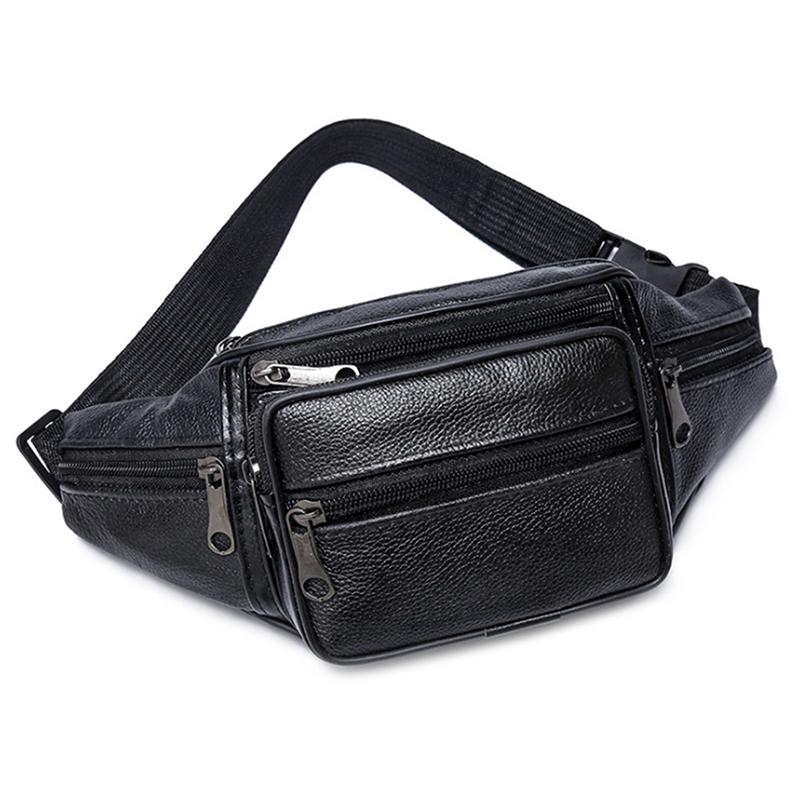 Black Leather Mens Waist Bag Fanny Pack Sling Bag Chest Bag Black One