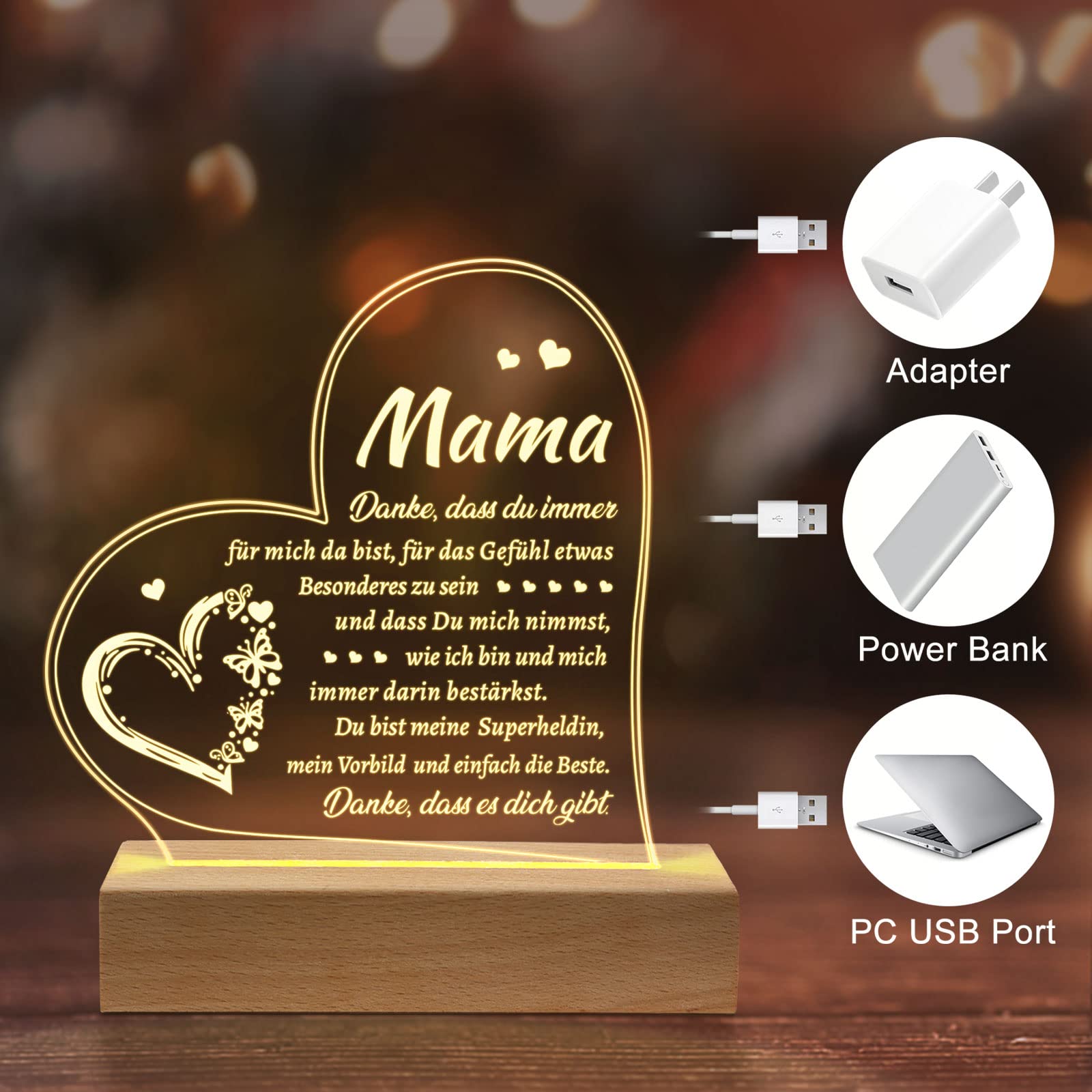 Cadeaux de fête des mères Cadeaux d'anniversaire pour maman Acrylique USB  Low Power Lampe de nuit gravée Jb5-2