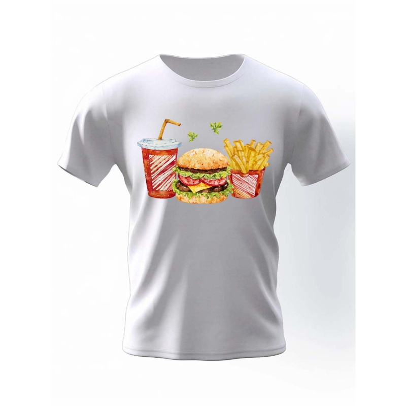 

Tasty Hamburger And Fries Sets Graphic Print Men's Creative Top, Casual Short Sleeve Crew Neck T-shirt, Men's Tee For Summer Outdoor