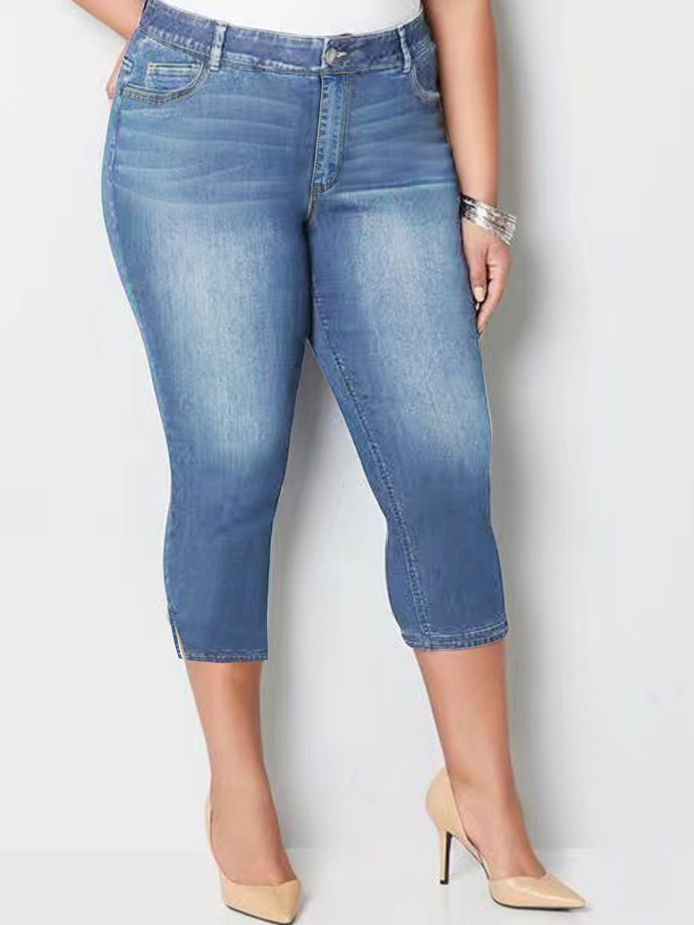 Plus Size Casual Jeans Women's Plus Button Split Hem Skinny - Temu