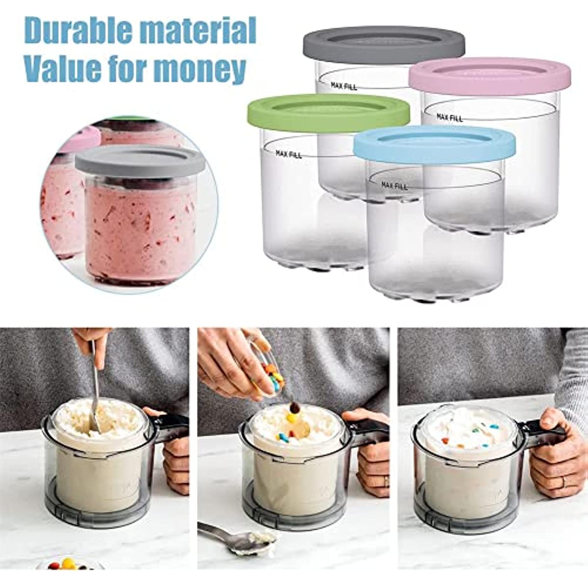 4Pcs Ice Cream Pints Cup, Ice Cream Containers with Lids for Ninja