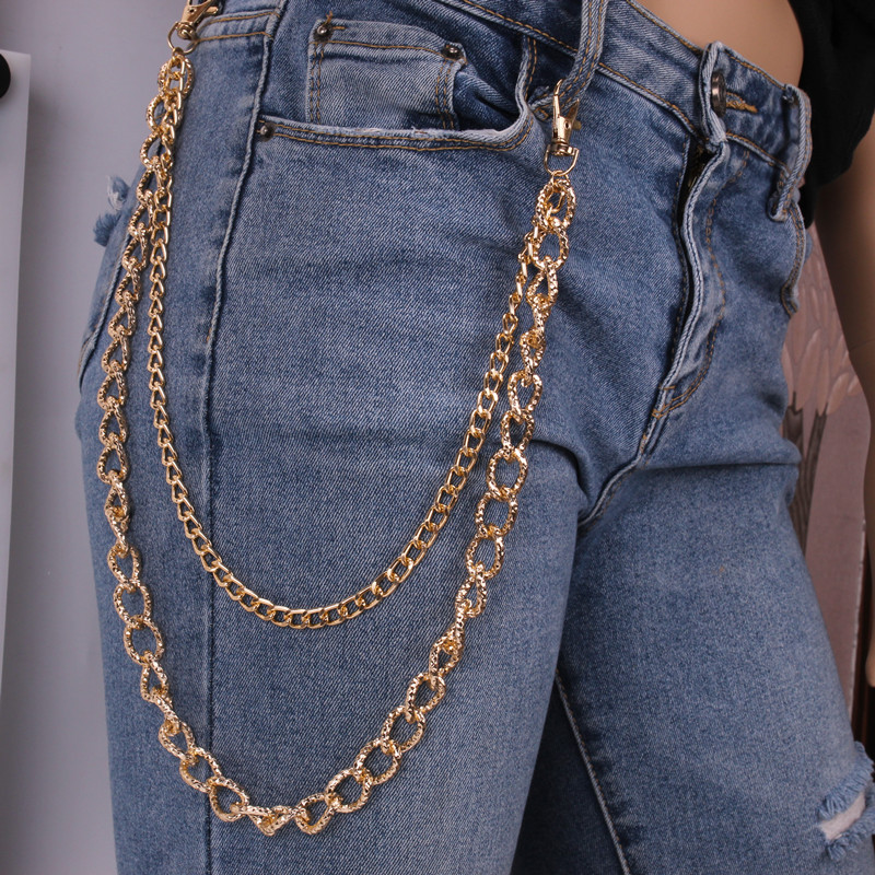 Gold Waist Metal Chain Belt Punk Jeans Clip Keyring 3 Layer Trousers Pant