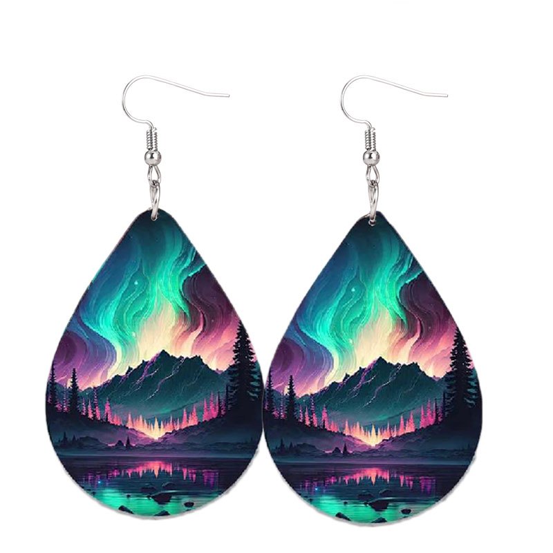 aurora forest scenery teardrop dangle earrings elegant minimalist style pu leather jewelry daily casual b 9