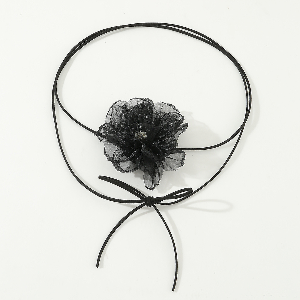 Black Fabric Flower Choker Necklace With Two-Tone Metallic Flowers