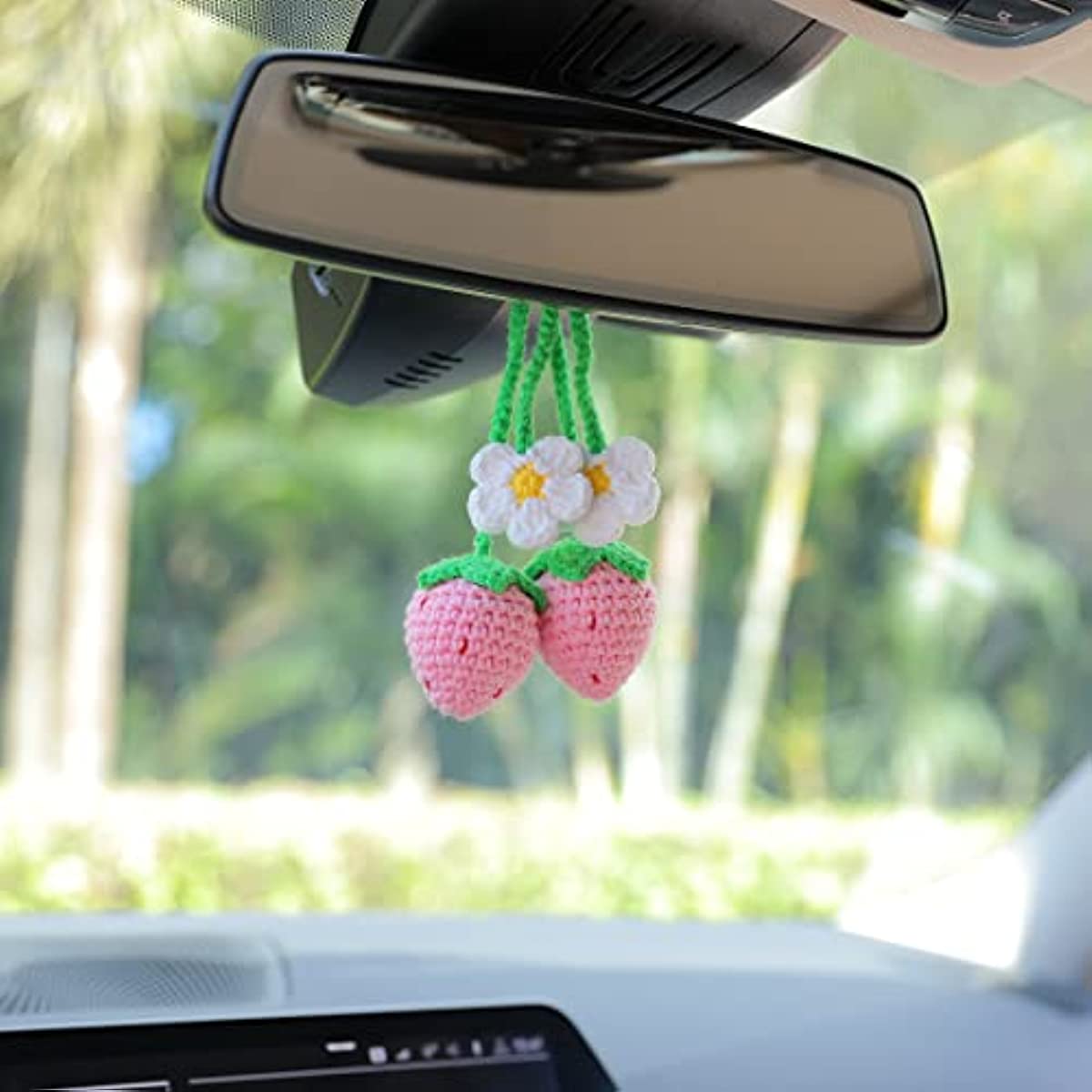 2PCs Crochet Strawberry Car Hanging Ornament For Car Rearview Mirrior  Decor, Car Mirror Hanging Charms Accessories, Handmade Knitted (Pink)