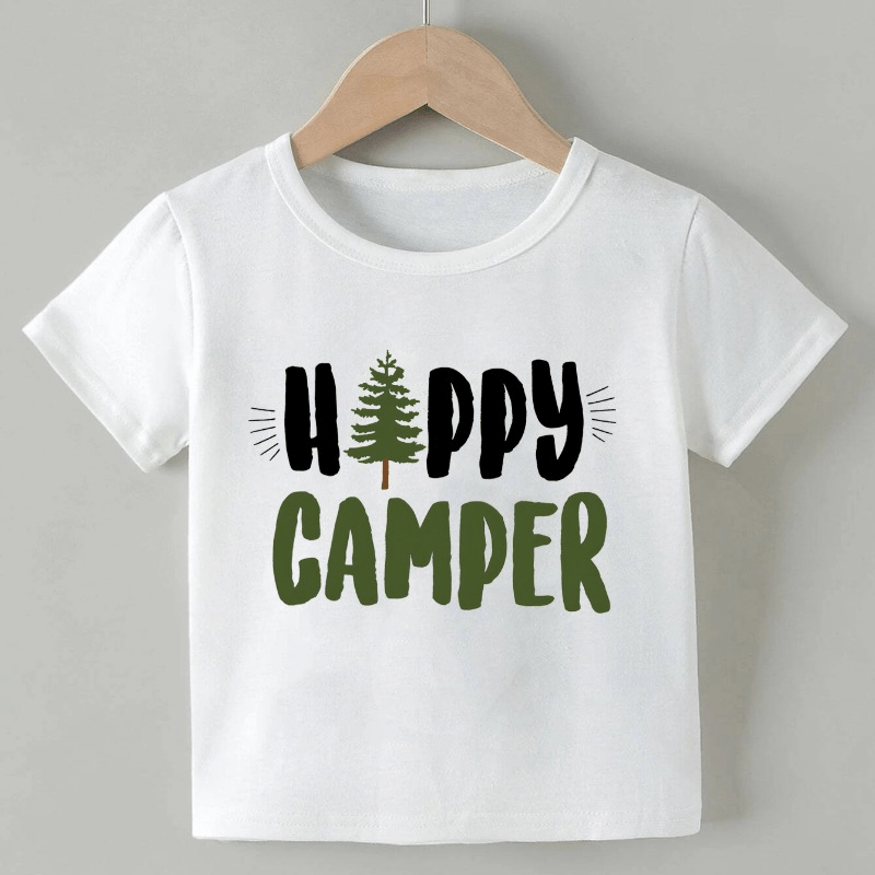 

Happy Camper Print Boys Creative , Casual Lightweight Comfy Short Sleeve Crew Neck Tee Tops, Kids Clothings For Summer