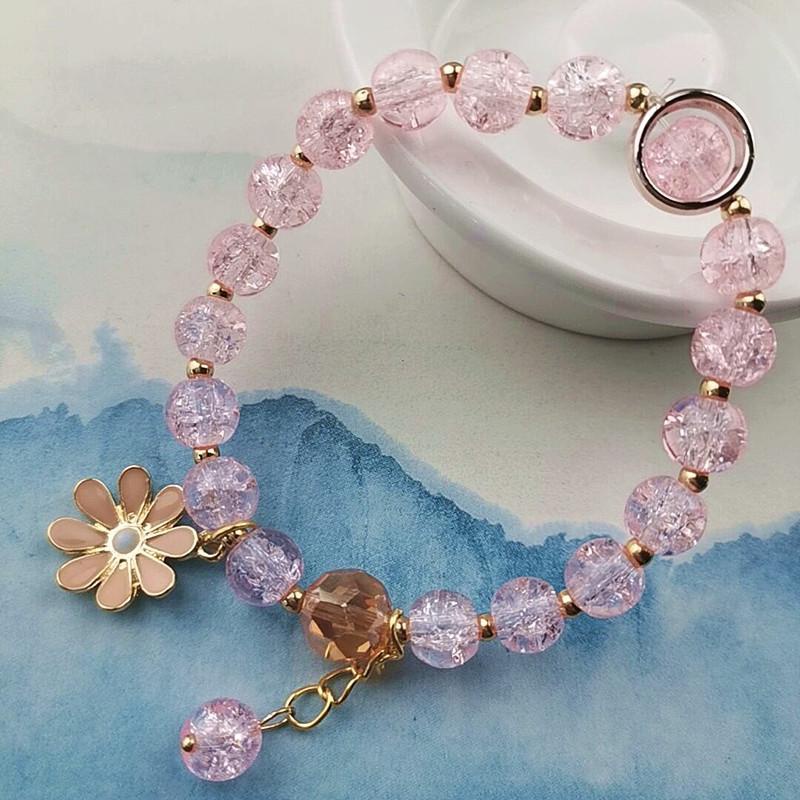 Women's Charm Bracelet, Pink Flower Pendant Bracelet, Crystal