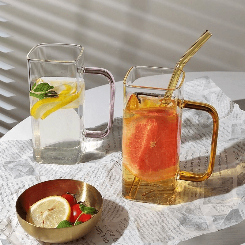 Clear Colorful Handle Square Glass Cup With Bamboo Lids And Straw  Borosilicate Glass Milk Juice Coffee Mug 400ml 13.5oz - AliExpress