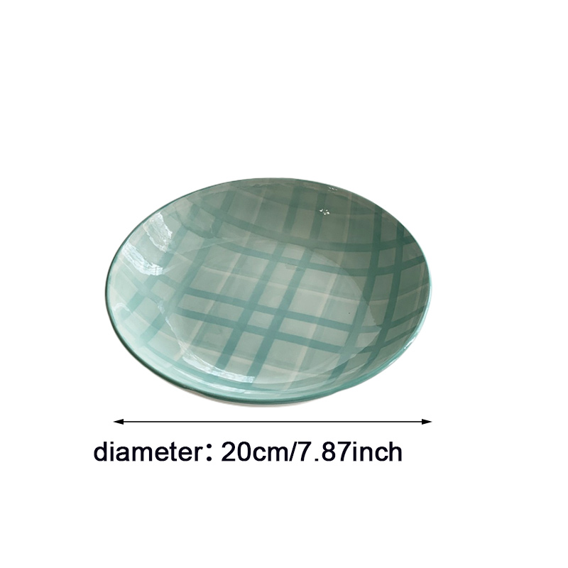1pcs Green Plaid Dinner Plate Ceramic Round Western Dinner Plate Steak